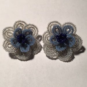 Blue Beaded Homemade Flower Clip On Earrings